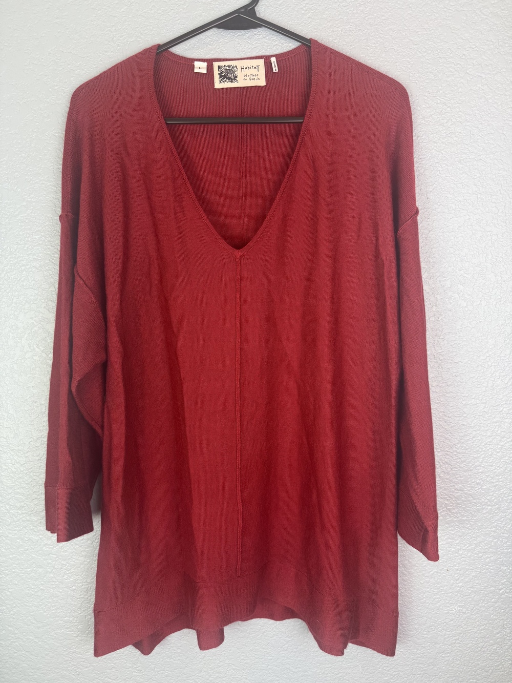 Habitat Sweater Womens Large Red Wool Blend V Neck Boxy Pullover Drop Shoulder